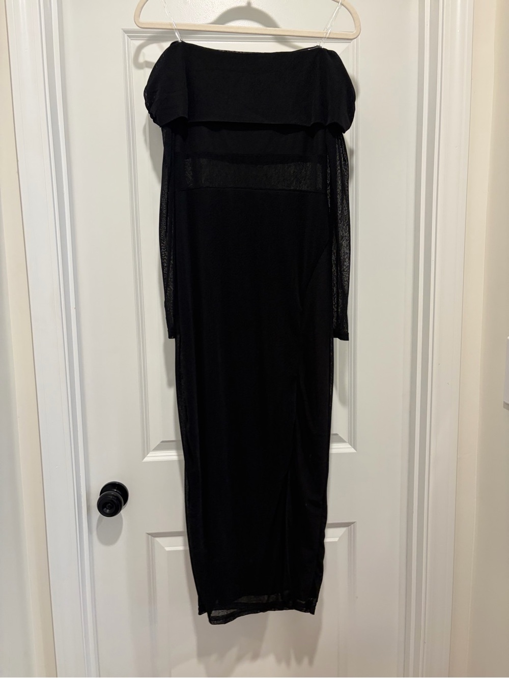 Off-Shoulder Black Maxi Dress with Sheer Sleeve Detail